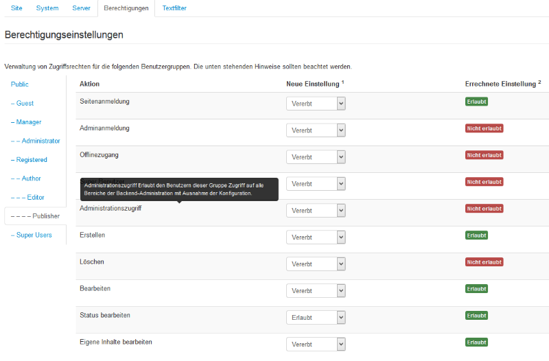 Core Berechtigungen Publisher